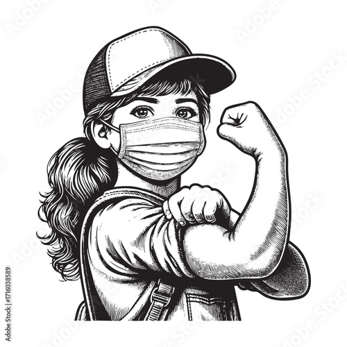 young girl flexing his arm muscle Black and white engraved ink art, isolated on white background.
