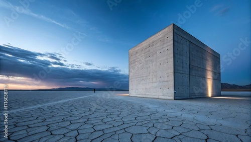 brutalist concrete building on cracked salt flat under dramatic twilight sky