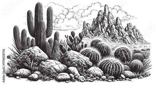 cactus on desert landscape	Vector retro hand drawn illustration