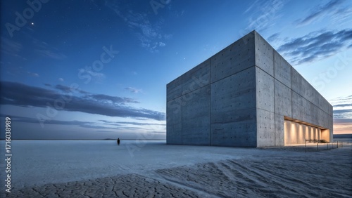 minimalist concrete building on vast salt flat under starry twilight sky