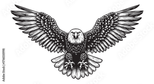 Engrave of eagle spread wings	hand drawn black and white graphic vector illustration