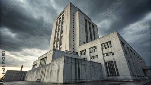 imposing brutalist concrete architecture under a dramatic grey sky