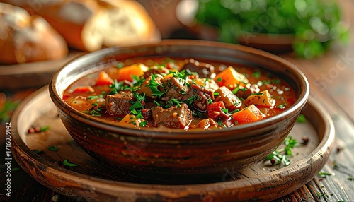 Cinematic Bowl of Hearty Beef Stew with Rustic Bread and Fresh Herbs in Warm Glowing Light
