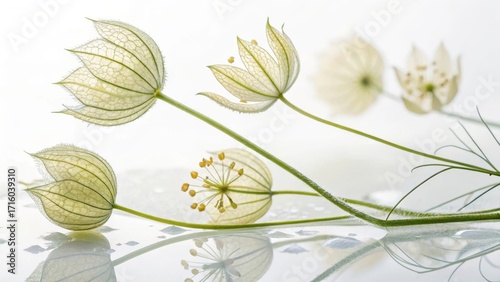 delicate nigella seed pods with water drops on white, ethereal botanical macro