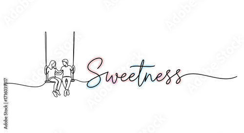 Couple sitting on a swing sharing a sweet moment, artistic minimalist illustration copy space