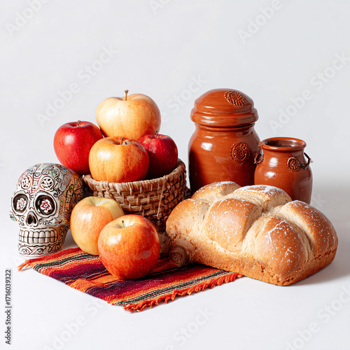 Wallpaper Mural A traditional Día de los Muertos food display, including the iconic pan de muerto (bread of the dead), fruit, and other offerings for the deceased. Torontodigital.ca