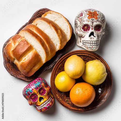A traditional Día de los Muertos food display, including the iconic pan de muerto (bread of the dead), fruit, and other offerings for the deceased.