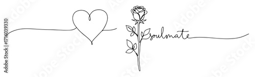 one line soulmate text divider with heart and rose minimalist vector