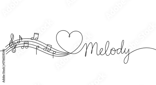 Musical notes and heart design with the word 'Melody' in a creative artistic style copy space