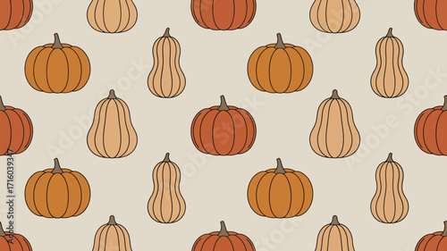 Seamless pattern of pumpkins and butternut squash on a light beige background autumn harvest theme design