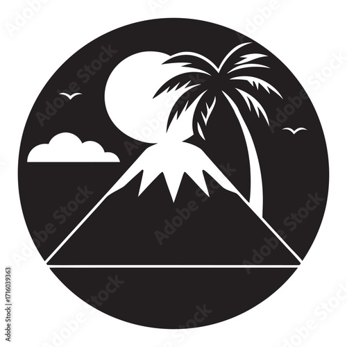 Minimalist silhouette of a dramatic volcano eruption scene with lava flow and smoke