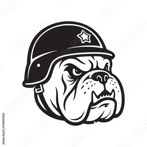Hand drawn of pitbull wear military helmet engraving vector illustration. Scratch board style imitation. 