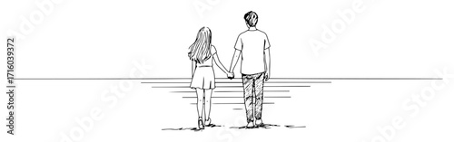 couple holding hands walking away line art