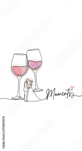 Couple dancing romantically near wine glasses, artistic illustration of memorable moments copy space