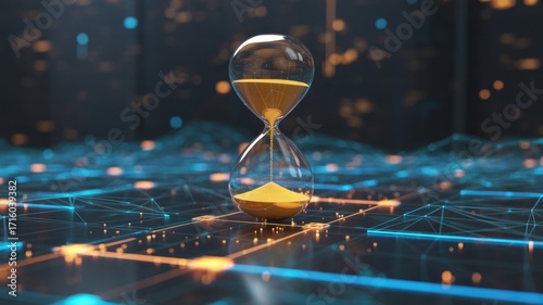 Time's Passage: An hourglass, a timeless symbol of time's relentless flow, stands amidst a complex digital network, emphasizing the crucial interplay between time and technology.