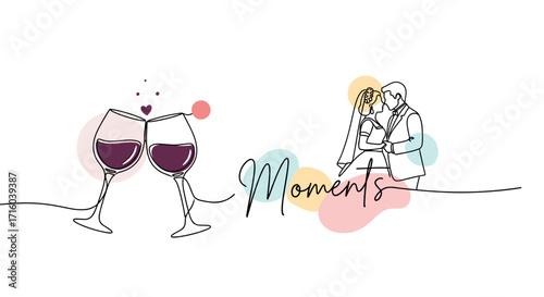 Couple dancing with clinking wine glasses and moments text in a colorful minimalist style