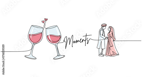 Couple holding hands with clinking wine glasses and moments text in a minimalist style