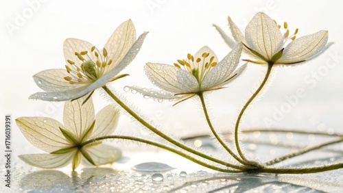 translucent white flowers with glistening water drops close-up
