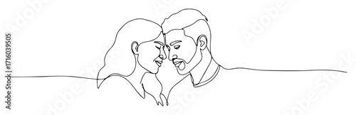 one single line drawing of a happy romantic couple hugging and smiling