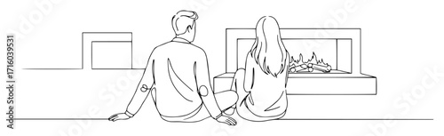 couple in love sitting by fireplace one line drawing
