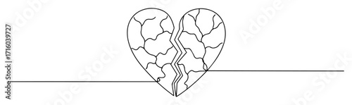 one continuous line drawing of a shattered broken heart symbol of heartbreak