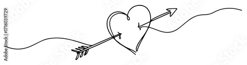 single one line drawing of a heart pierced by cupid's arrow love concept