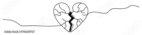 single continuous line drawing of a broken heart with a crack sadness concept