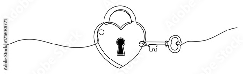 heart padlock and key one continuous line drawing