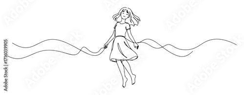 girl jumping rope contour monoline vector lineart thin outline sketch