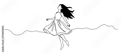 floating girl in dress contour monoline vector lineart thin outline sketch