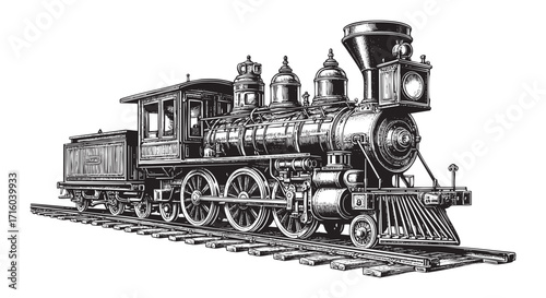 train on railroad in Black and White Engraving Style
