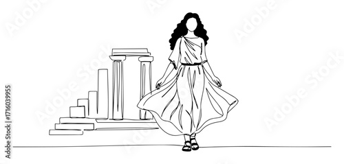 greek goddess near ancient ruins one line drawing