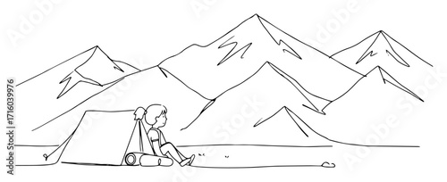 hiker resting near tent in mountains one line drawing