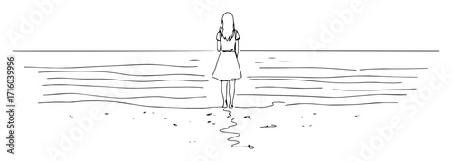 young woman standing by sea shore watching waves beach scene monoline oneline vector outline
