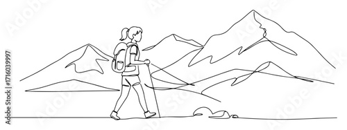 backpacker with trekking poles walking near mountains travel scene monoline oneline vector outline