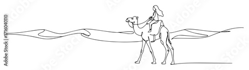 woman riding camel in desert contour monoline vector lineart thin outline engraving