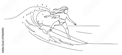female surfer carving wave contour monoline vector lineart thin outline design