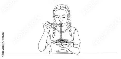 one single line drawing of a girl eating spaghetti pasta from a plate