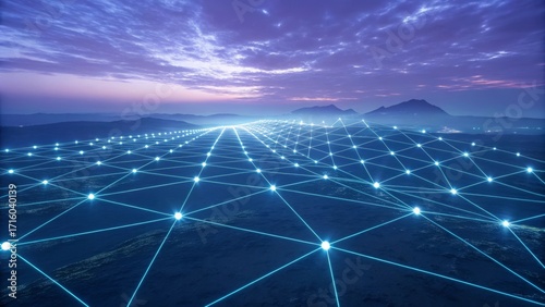 global network data grid over futuristic landscape at dusk