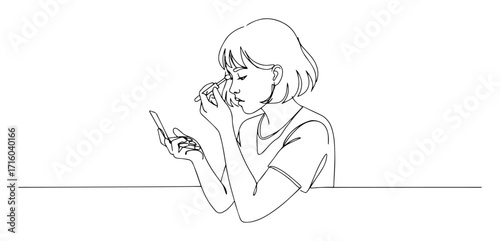 one continuous line drawing of a woman applying makeup with a compact mirror