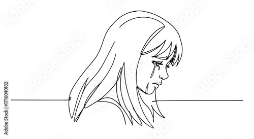 one single line drawing of a sad woman crying with a tear on her face