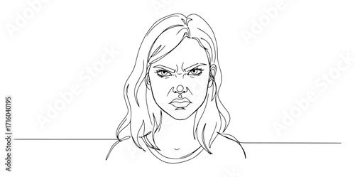 angry woman portrait expression contour monoline vector thin outline lineart