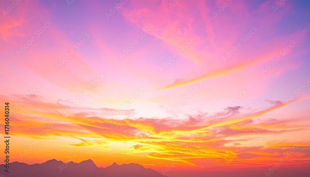 Obraz premium Colorful Sunset Sky with Pink and Gold Clouds Over Distant Horizon Abstract Sky Background