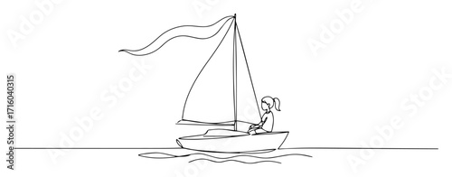 little girl sailing a boat one continuous line drawing