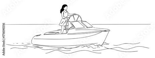 woman driving a motorboat continuous one line drawing
