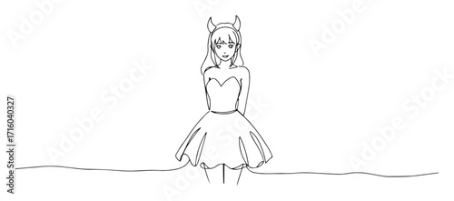 beautiful woman in devil costume continuous one line drawing