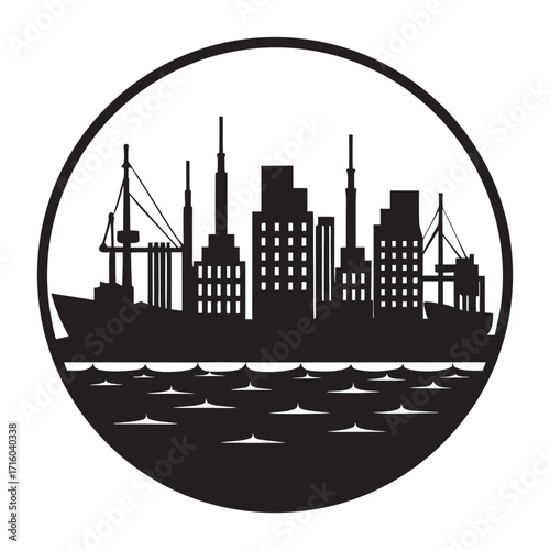 Bold black silhouette of a vibrant harbor city skyline with a prominent row of ships docked at the waterfront