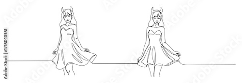 two beautiful women in devil costumes one line art