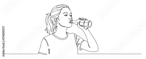 woman drinking water bottle sport refresh monoline oneline vector outline