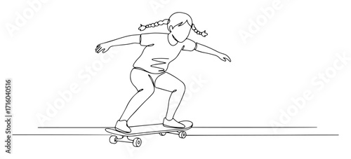 one continuous line drawing of a little girl riding a skateboard